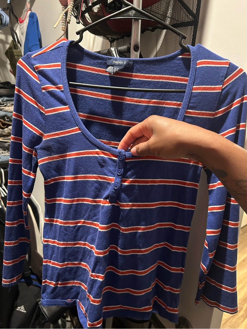 Forever 21 Blue, White & Red Striped Henley Long Sleeve Top